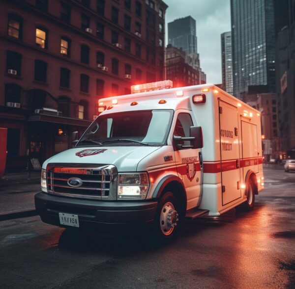 Ambulance rescue van in New York on road street. Ambulance Vehicle truck. American Response Vehicles. EMS Ambulance Driver US. Medical truck with red emergency lights. Ai Generative. Generative AI